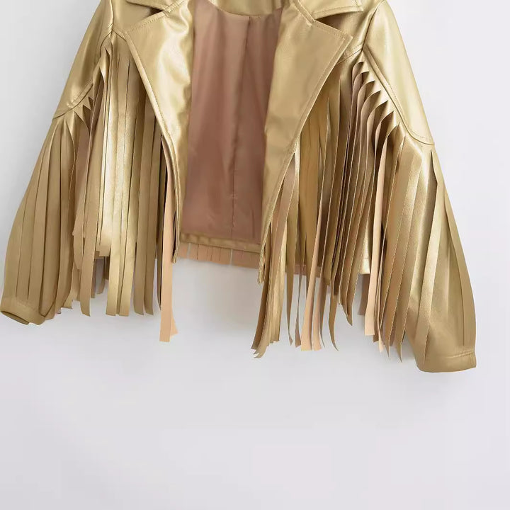 Damen Kurzjacke im Bikerstil mit Metallic‑Optik und langen Lederfransen Echo Archiv