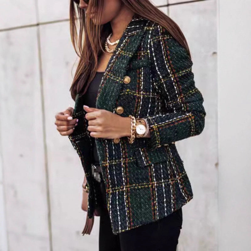 Damen nan eleganter Tweed-Blazer mit Doppelknopf, strukturierter Webung und aufgesetzten Taschen Echo Archiv
