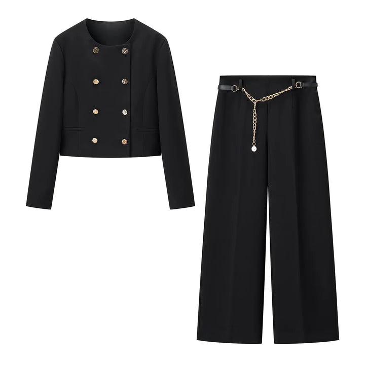 Damen weit geschnittene Highwaist-Hose mit Bügelfalte und abnehmbarem Schmuckketten-Gürtel – Avélisse