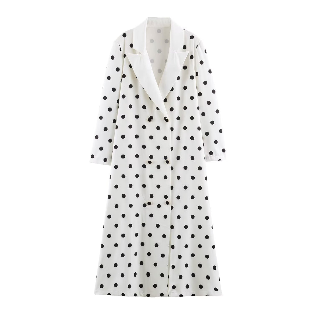 Damen Midilanger Mantel mit Polka‑Dot‑Print, Doppelreiher und Schalkragen Echoarchiv