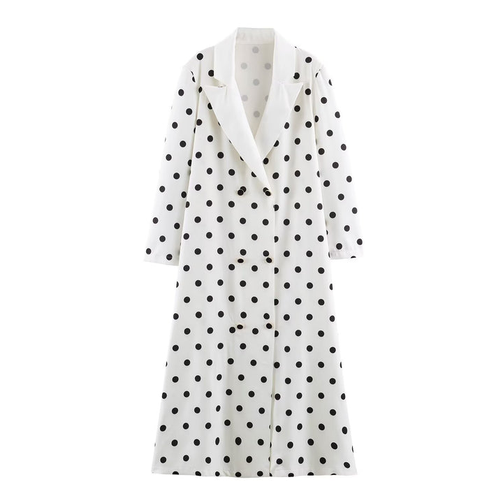 Damen Midilanger Mantel mit Polka‑Dot‑Print, Doppelreiher und Schalkragen Echoarchiv