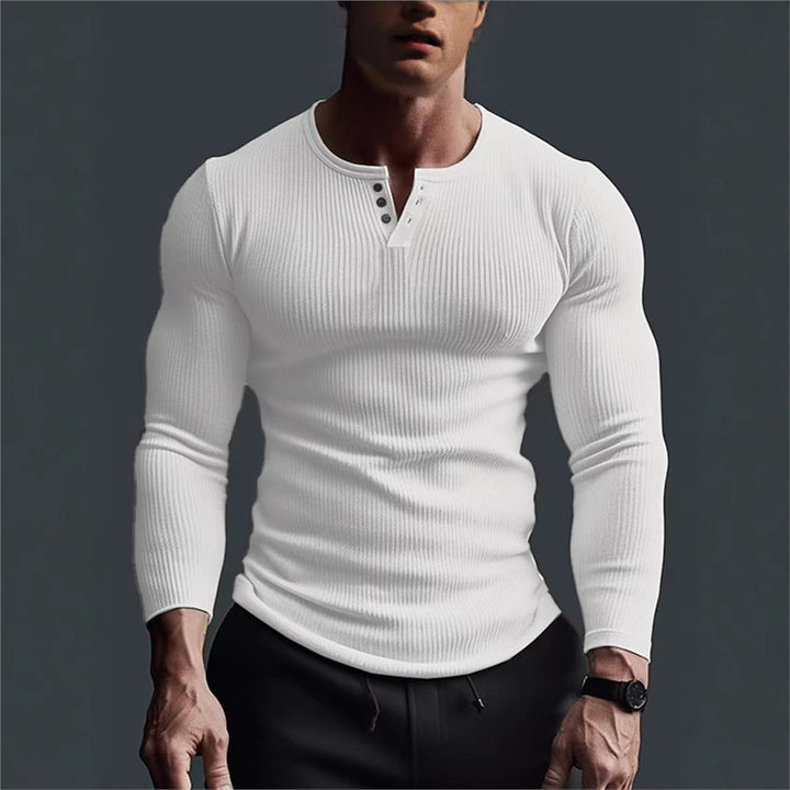 Herren eng anliegendes Langarmshirt mit Rippstruktur und Knopfleiste Echoarchiv