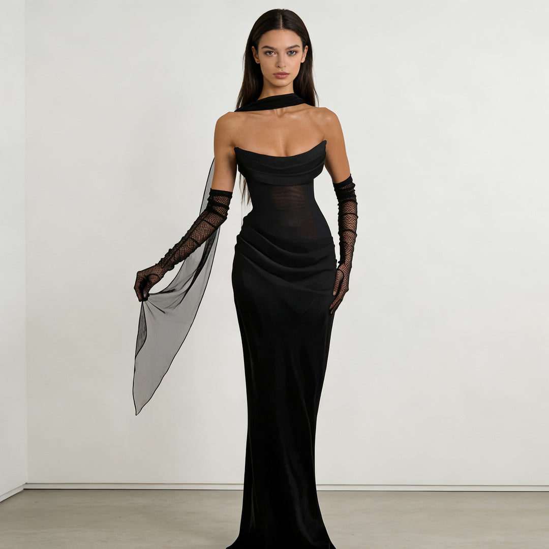 Damen Elegantes schulterfreies Maxikleid mit verführerischem Rüschendetail Echo Archiv