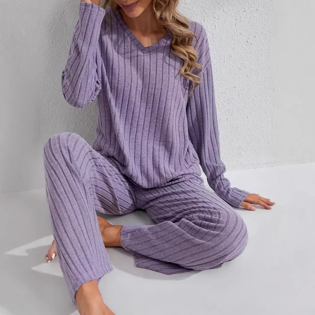 Damen Zweiteiliges geripptes Lounge-Set mit V-Ausschnitt und weitem Bein Echo Archiv