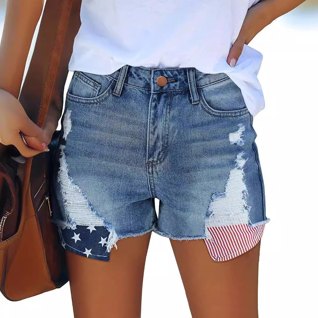 Damen Destroyed Denim-Shorts mit kreativen Patch-Details Echo Archiv