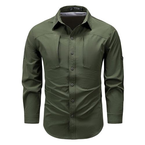 Men's technical long-sleeve outdoor utility shirt with roll-tab sleeves concealed chest pockets and breathable mesh back – Arvello
