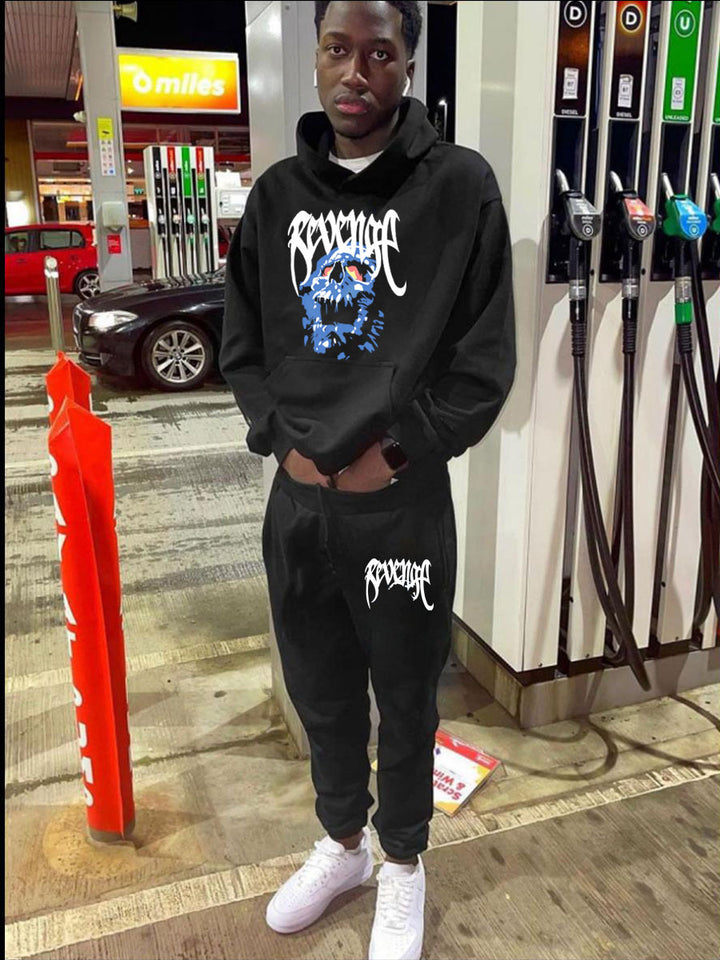 Herren Kapuzenpullover und Jogginghose Set mit künstlerischem Skull-Motiv Echoarchiv