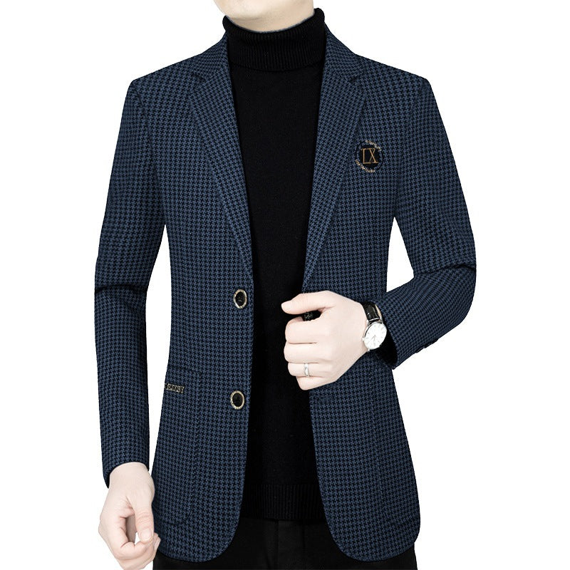 Herren Slim-Fit Sakko mit Hahnentritt-Muster und Wappen-Emblem – Tianoro