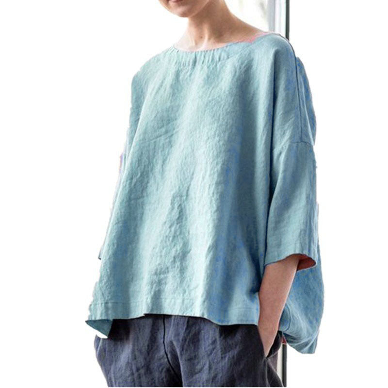 Damen Oversized Leinenbluse mit weitem Boxy‑Schnitt, U‑Boot‑Ausschnitt und 3/4‑Ärmeln Echo Archiv