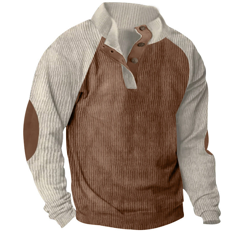 Herren Strukturiertes Raglan-Henley-Pullover mit Stehkragen, Ellenbogenpatches & Knopfleiste – Norvane