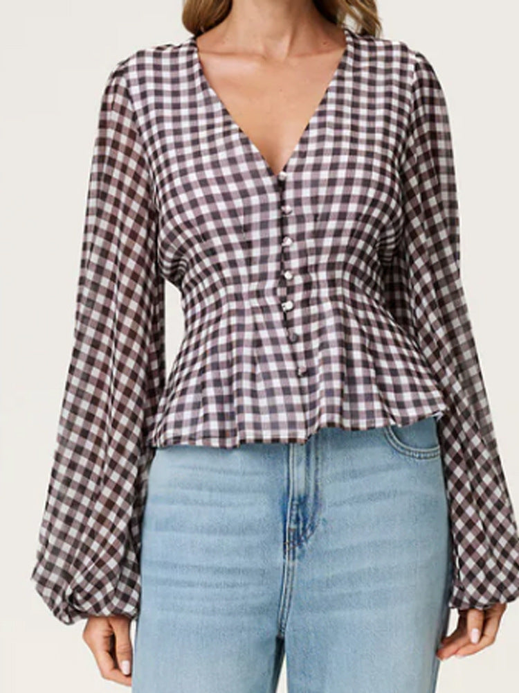 Damen Jacquard-Spitzenbluse mit tailliertem Schößchen und Ballonärmeln Echoarchiv