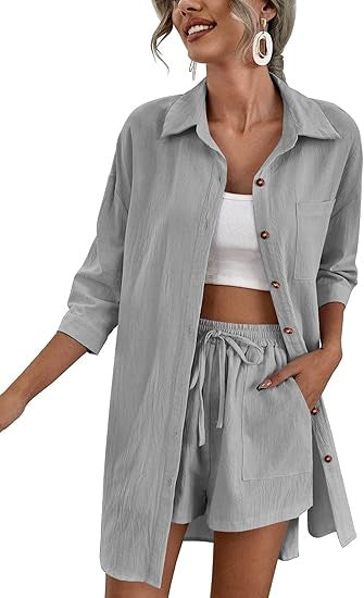 Damen Leichtes Longline-Hemdjacken-Set mit elastischer High-Waist-Shorts – Élanora