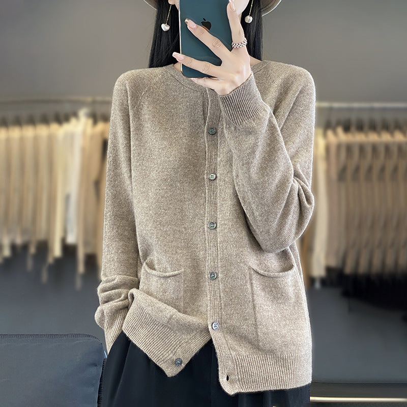 Damen Langer Feinstrick-Cardigan mit Rundhalsausschnitt, Eingrifftaschen und Alpaka-Mix Echoarchiv