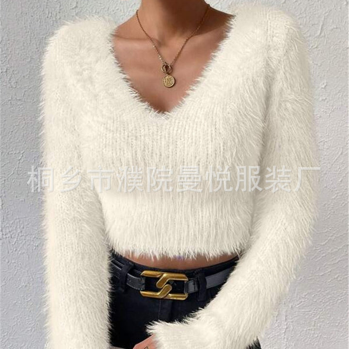 Damen Flauschiger Crop-Pullover mit V-Ausschnitt und Eyelash-Struktur – Mavelle