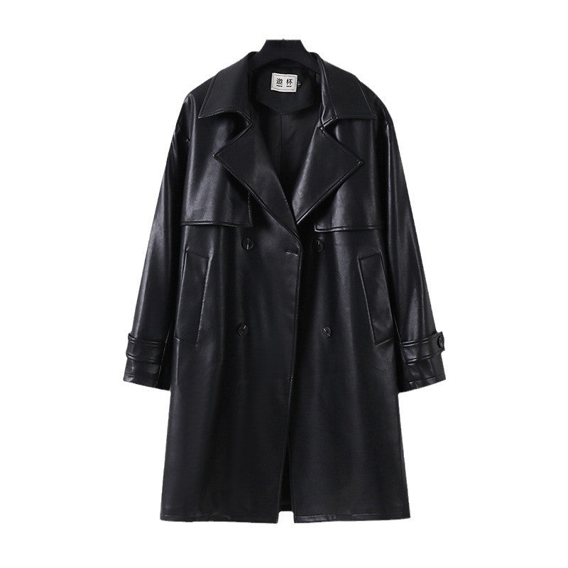 Herren Lederimitat-Trenchcoat mit Doppelreiher, Oversize-Schnitt und Manschettenriegel Echoarchiv