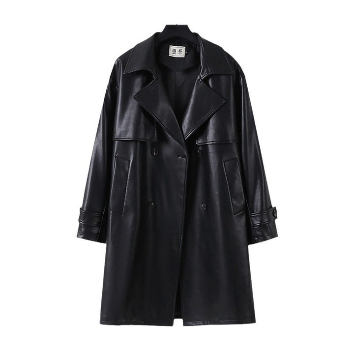 Herren Lederimitat-Trenchcoat mit Doppelreiher, Oversize-Schnitt und Manschettenriegel Echoarchiv