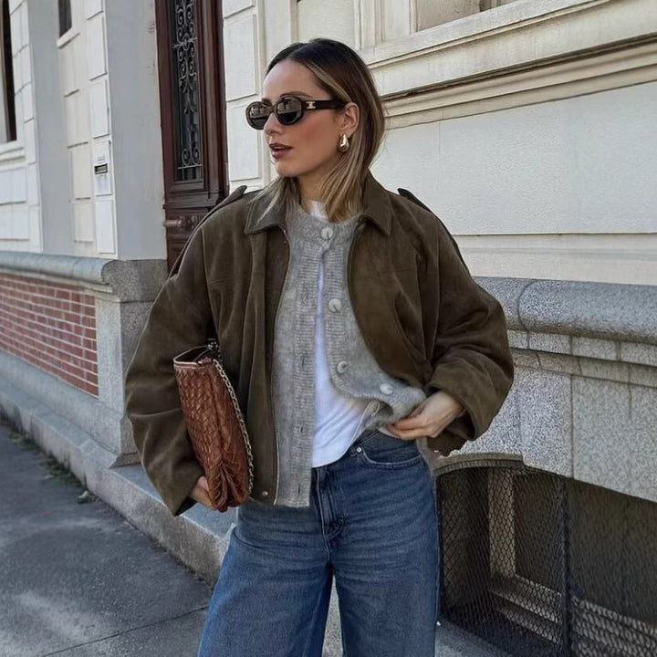 Damen lockere Cropped Jacke aus Wildlederimitat Echoarchiv