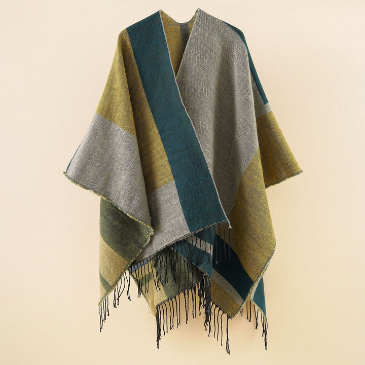 Damen Wendbarer Webponcho mit Fransen, Oversize‑Fall und weichem Wollmix Echo Archiv