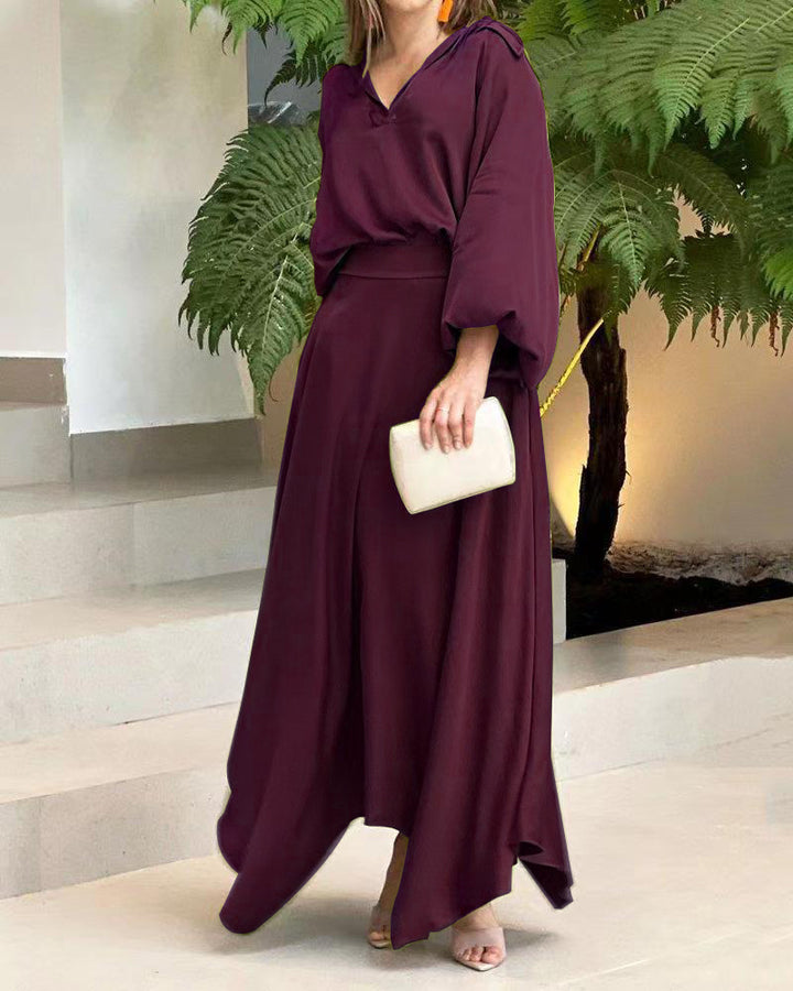 Damen Elegantes Maxikleid mit Kapuzen‑V‑Ausschnitt, Ballonärmeln und fließendem Saum Echoarchiv