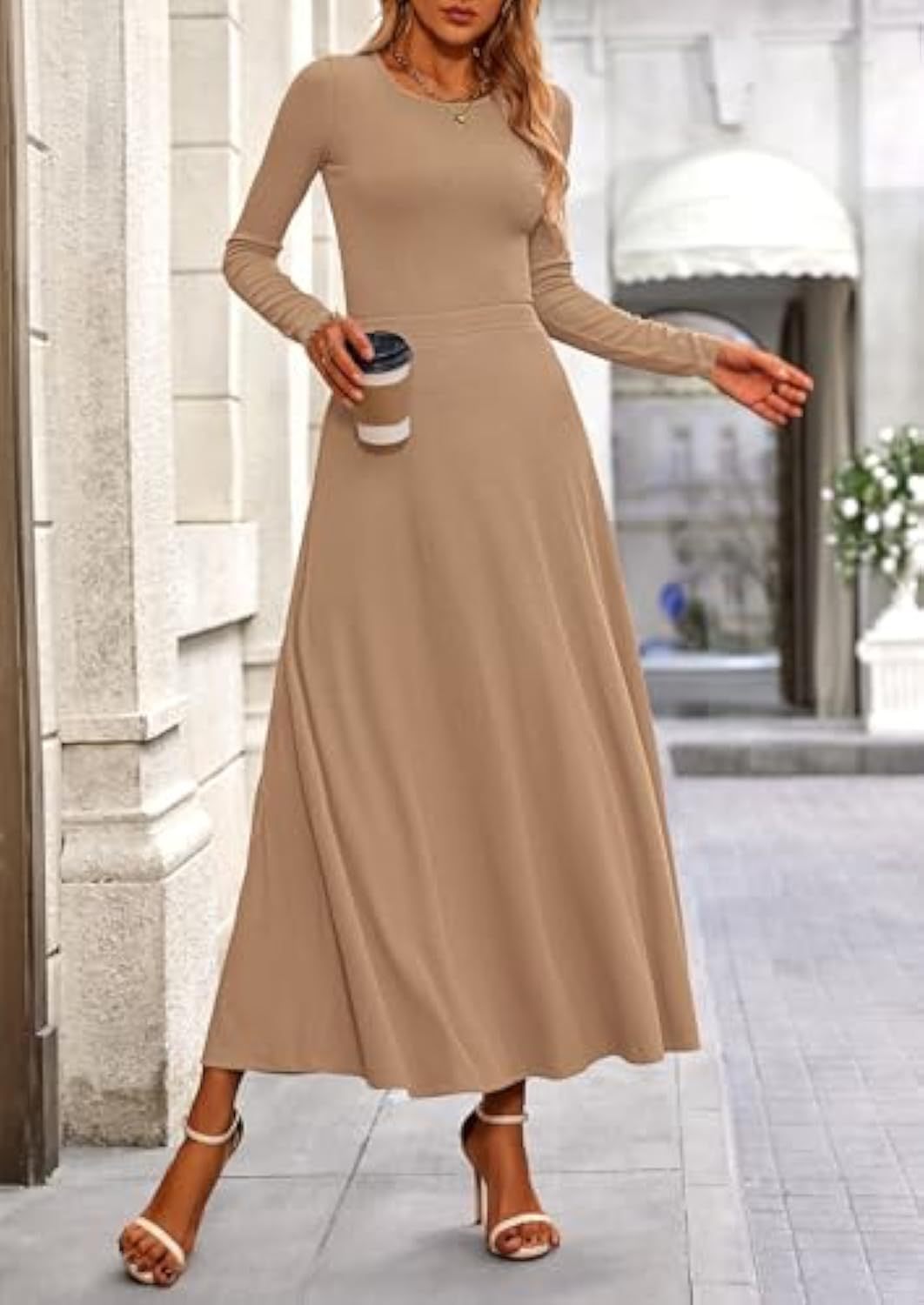 Damen Langärmeliges Maxikleid mit tailliertem Oberteil und fließendem A-Linien-Rock – Valéora