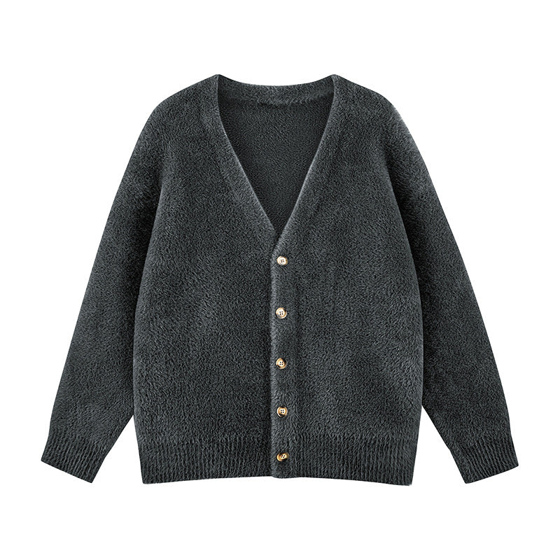 Damen Oversize Teddy-Strickcardigan mit V‑Ausschnitt und Holzknöpfen Echoarchiv