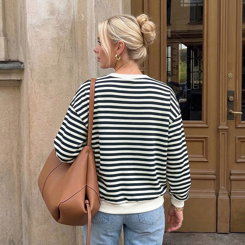 Damen Oversize Baumwoll-Sweatshirt mit maritimen Streifen und Zier-Schleifen – Mavelle