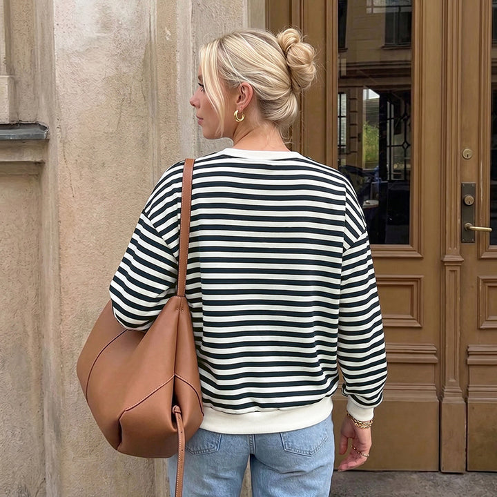 Damen Oversize Baumwoll-Sweatshirt mit maritimen Streifen und Zier-Schleifen – Mavelle