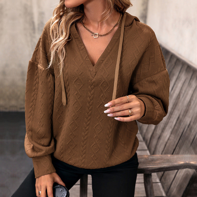Damen Strukturiertes Zopfmuster-Kapuzen-Sweatshirt mit V-Ausschnitt und Ballonärmeln Echoarchiv