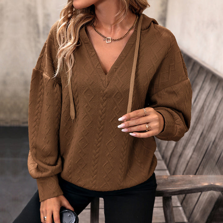 Damen Strukturiertes Zopfmuster-Kapuzen-Sweatshirt mit V-Ausschnitt und Ballonärmeln Echoarchiv