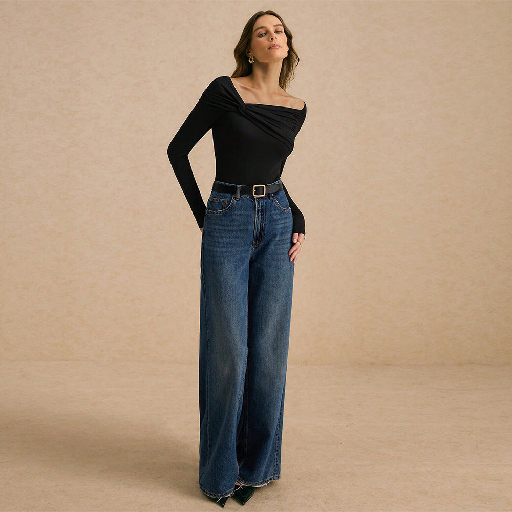 Damen schulterfreies figurbetontes Langarm-Top mit gedrehtem Frontdetail und seitlichen Raffungsnähten – Avérine