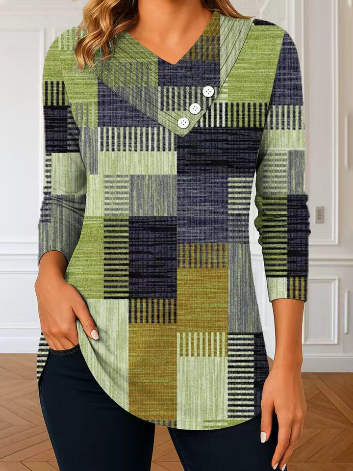 Damen Langarm-Tunika mit asymmetrischem V-Ausschnitt, Zierknopfleiste und kariertem Patchworkmuster – Avérine