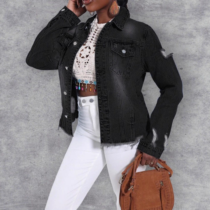 Damen Distressed Denimjacke mit ausgefranstem Saum und Relaxed-Fit Echo Archiv