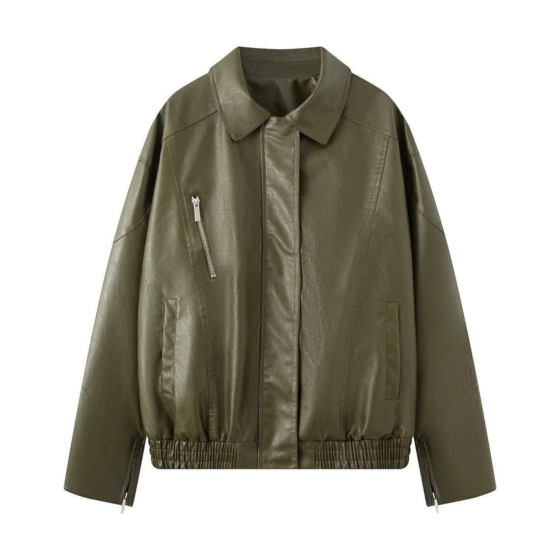 Damen oversized Kunstleder-Bomberjacke mit elastischem Saum und schräger Reißverschlusstasche – Avenza