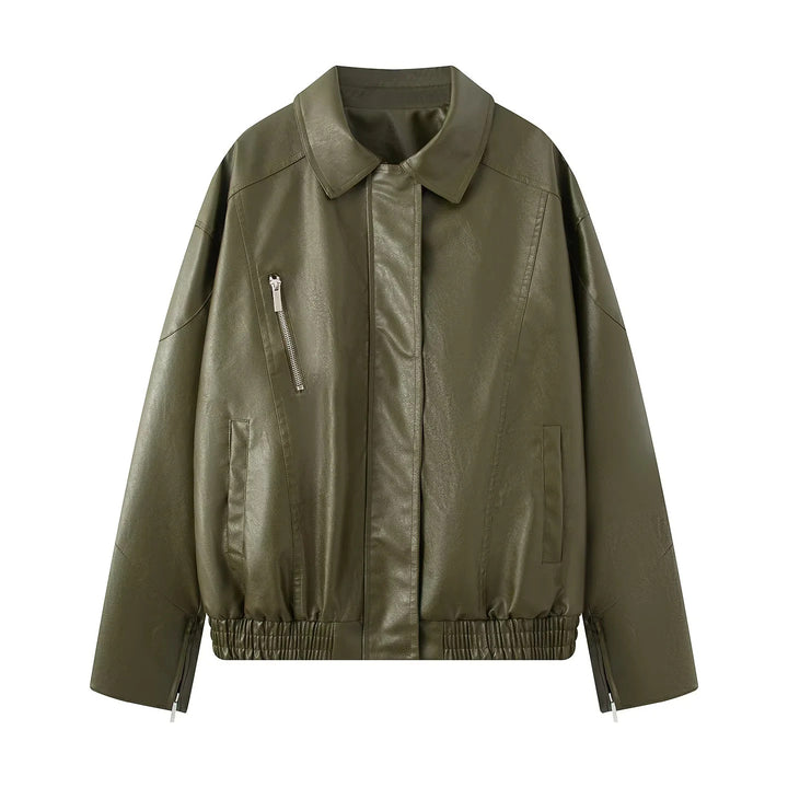 Damen nan oversized Kunstleder-Bomberjacke mit elastischem Saum und schräger Reißverschlusstasche Echo Archiv