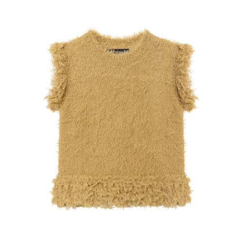 Damen nan flauschiges ärmelloses Teddy-Top mit Rundhalsausschnitt und Fransen Echo Archiv
