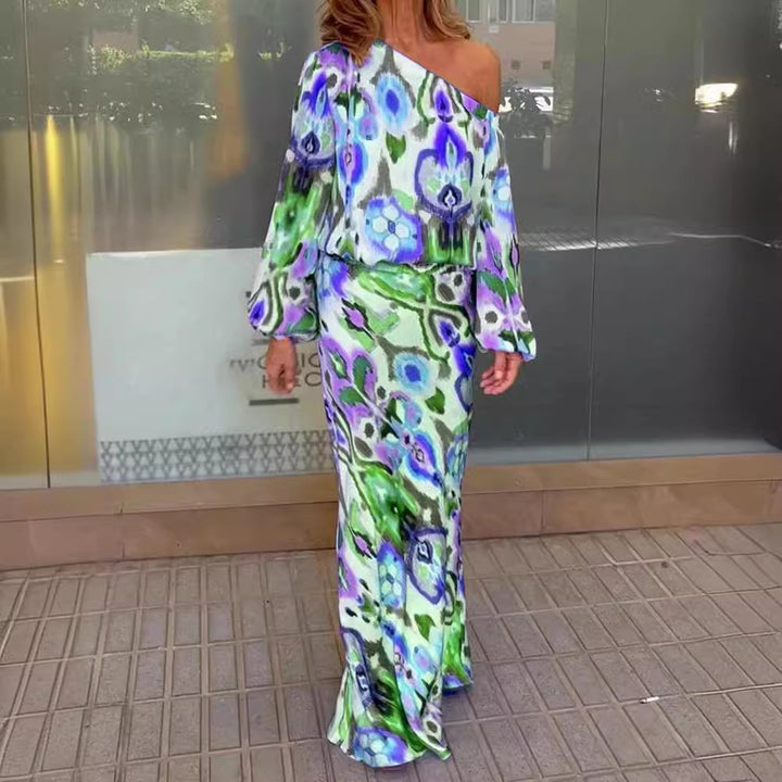 Damen Maxikleid mit asymmetrischer Ein-Schulter, fließendem Satin und Glockenärmeln – Valéora