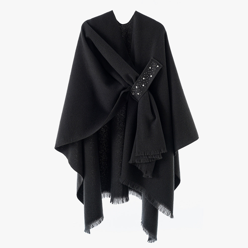 Damen Eleganter Wickel-Umhang aus Wollmischung mit Taillenschärpe und Fransensaum – Avérine