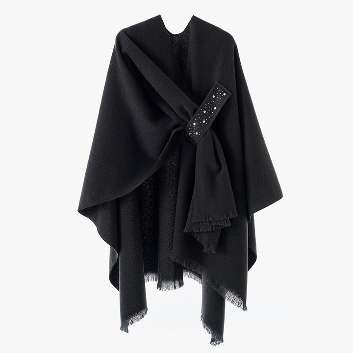 Damen Eleganter Wickel-Umhang aus Wollmischung mit Taillenschärpe und Fransensaum – Avérine