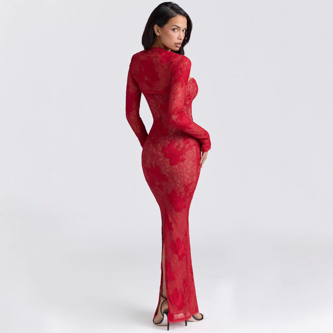 Damen Elegantes Spitzenabendkleid mit langem Arm und verführerischem Schnitt Echo Archiv