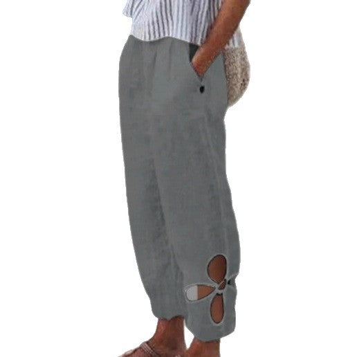 Damen nan leichte Sommerhose mit elastischem Bund, gerafftem Knöchel und blütenförmiger Aussparung Echo Archiv