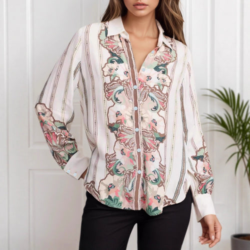 Damen Gemusterte Seidenoptik-Hemdbluse mit Ballonärmeln – Avérine