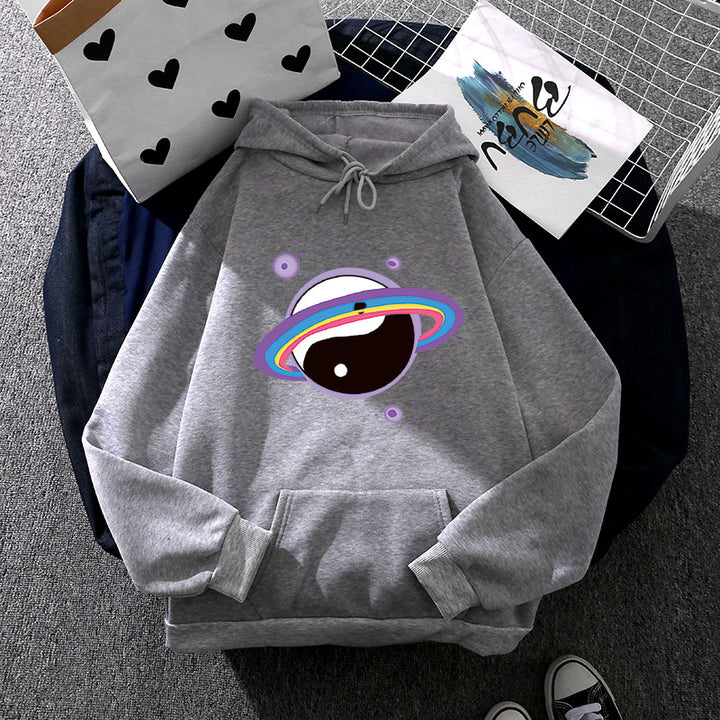 Damen Oversized Kapuzenpullover aus Baumwollmischung mit Planeten-Yin‑Yang-Grafik und Kängurutasche – Auréline