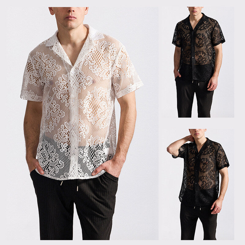 Herren Designer-Hemd aus transparentem Häkelmaterial mit floralem Muster Echoarchiv