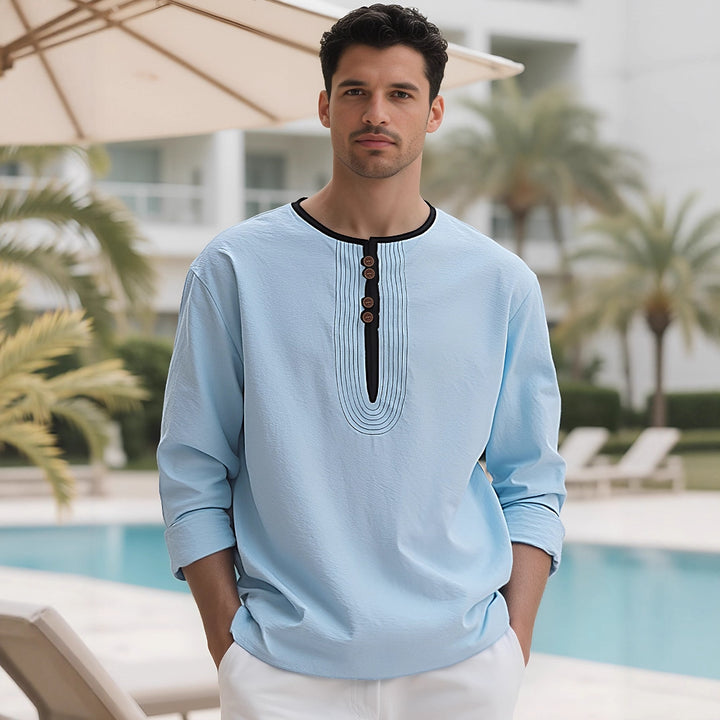 Herren nan weit geschnittenes Langarm-Kurta-Oberteil mit dekorativen Biesen und Holzknopfleiste Echo Archiv