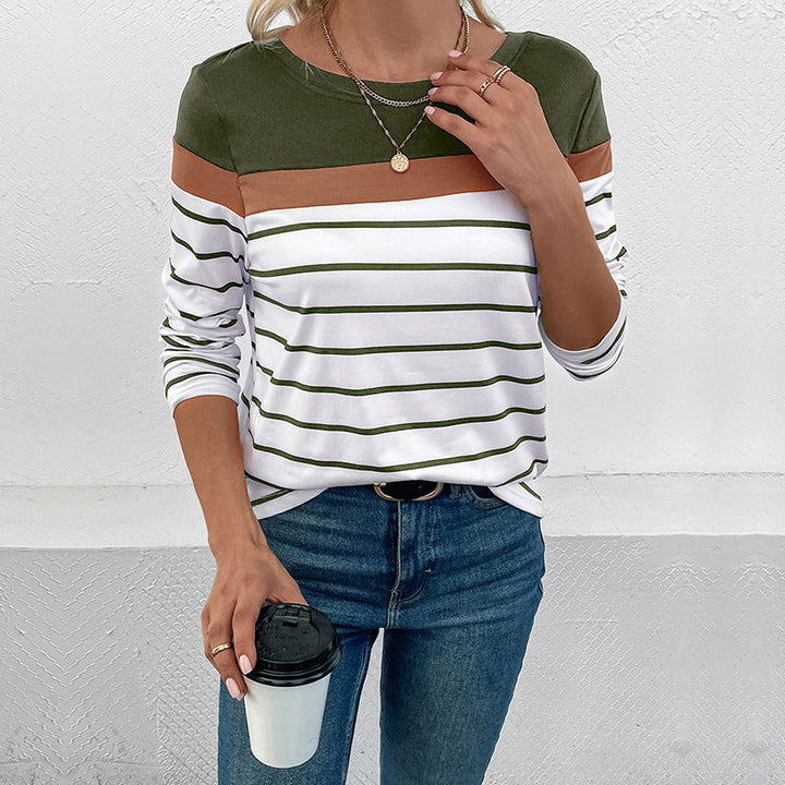 Damen Gestreiftes Langarmshirt mit Colorblock-Detail und Rundhalsausschnitt Echoarchiv