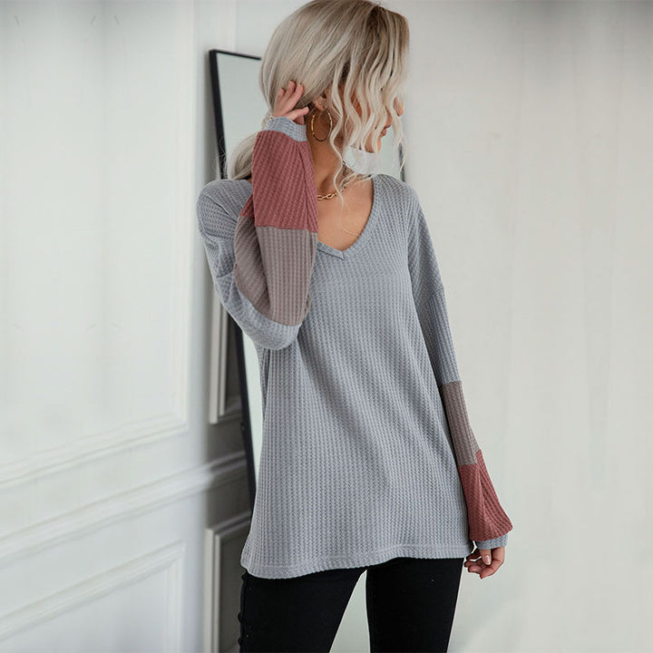 Damen Legeres Waffelstrick-Tunika-Shirt mit V‑Ausschnitt und Colorblock-Ärmeln – Mavelle