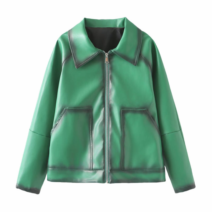 Damen Boxy-Kunstlederjacke mit großem Hemdkragen und durchgehendem Reißverschluss Echoarchiv