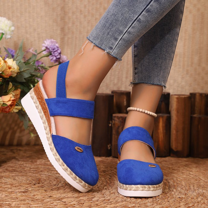 Damen  Espadrille-Keilpantoletten mit elastischem Fersenriemen, Veloursoptik-Obermaterial und geflochtenem Jute-Plateau Echo Archiv