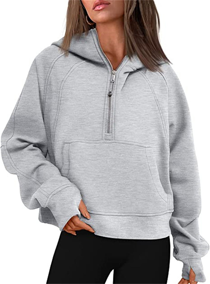 Damen Oversize-Hoodie mit halbem Reißverschluss, Kängurutasche und Daumenlöchern – Auréline