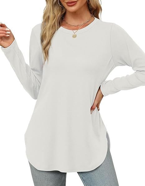Damen Lässiges Longsleeve-Tunikaoberteil mit Rundhalsausschnitt, Seitenschlitzen und Aquarell-Blattprint Echo Archiv